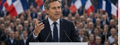 Philippe Paltruire à la tribune devant des drapeaux français
